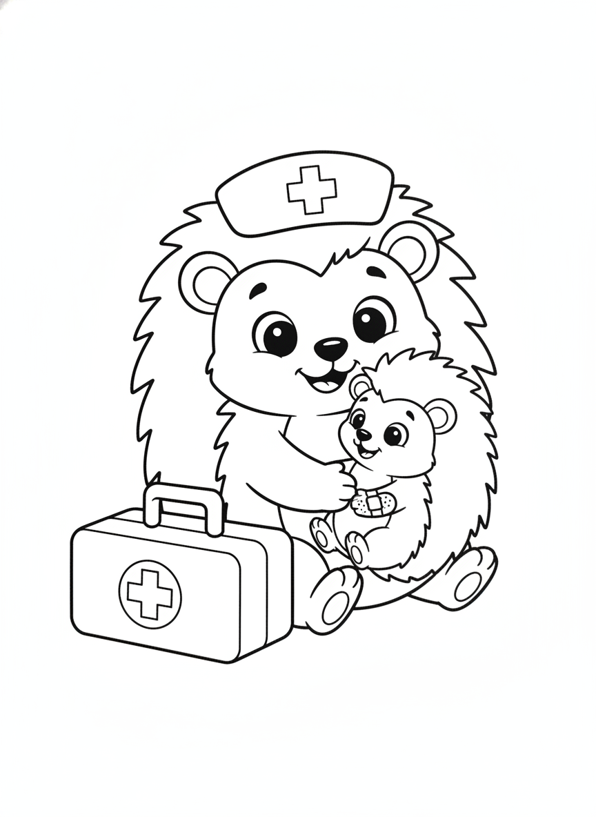 Line drawing of a hedgehog nurse holding a bandaged hoglet