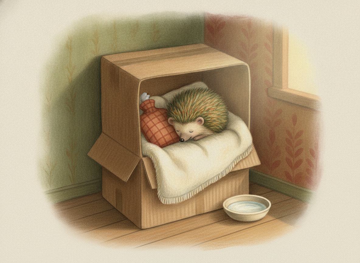 A hedgehog resting on a towel in a box with a wrapped hot water bottle and a dish of water