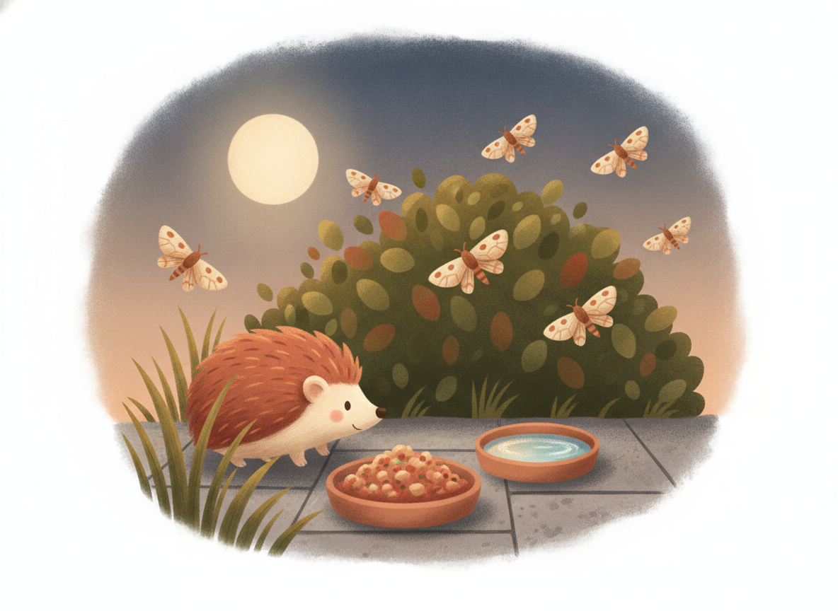 A shallow dish of meaty food and a dish of water in a garden at dusk with a hedgehog approaching