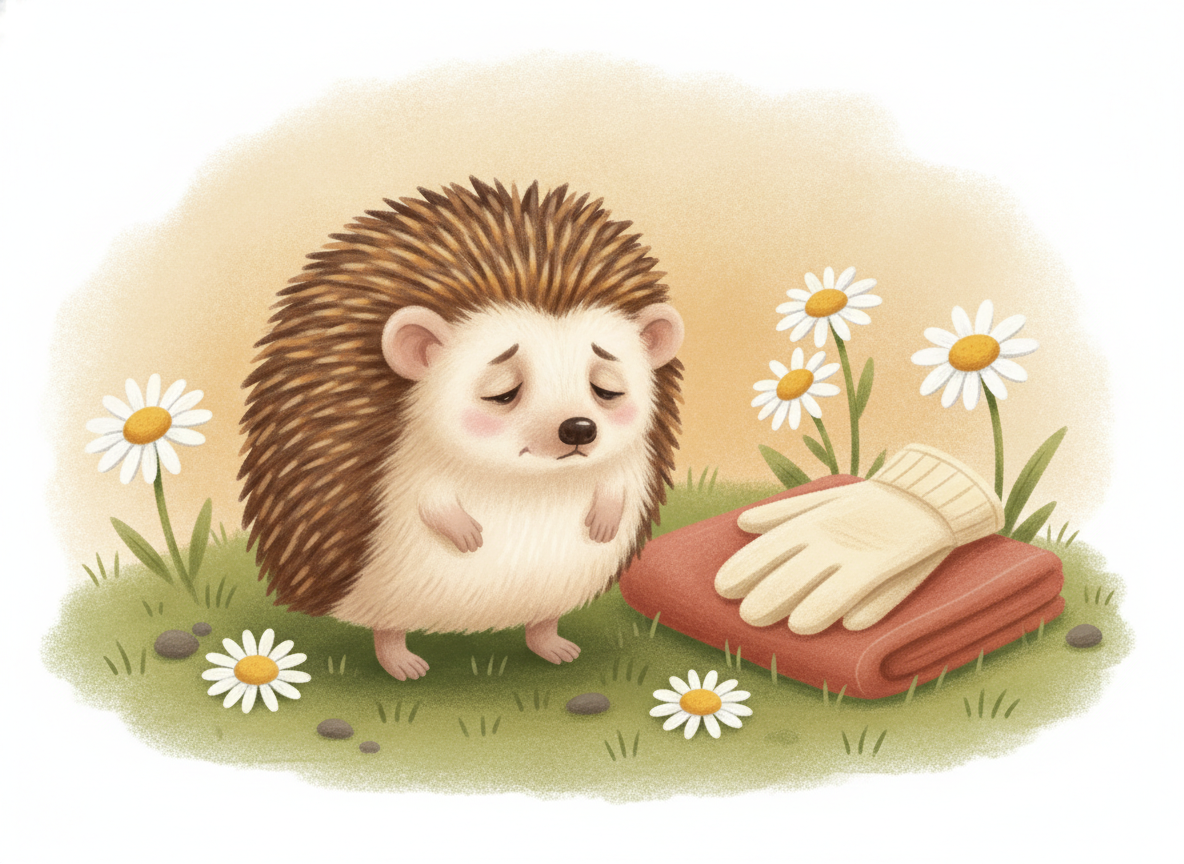 A poorly hedgehog out on a lawn in daylight with a towel and glove ready beside it