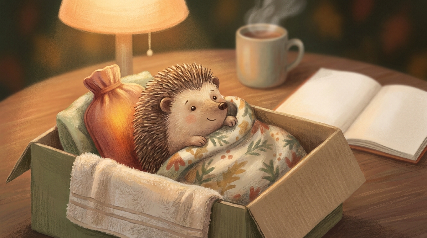 A hedgehog tucked up in a blanket inside a cardboard rescue box, warmed by a covered hot water bottle