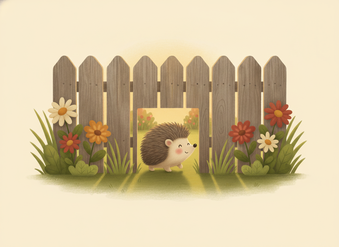 A hedgehog walking through a square gap cut into the bottom of a wooden garden fence
