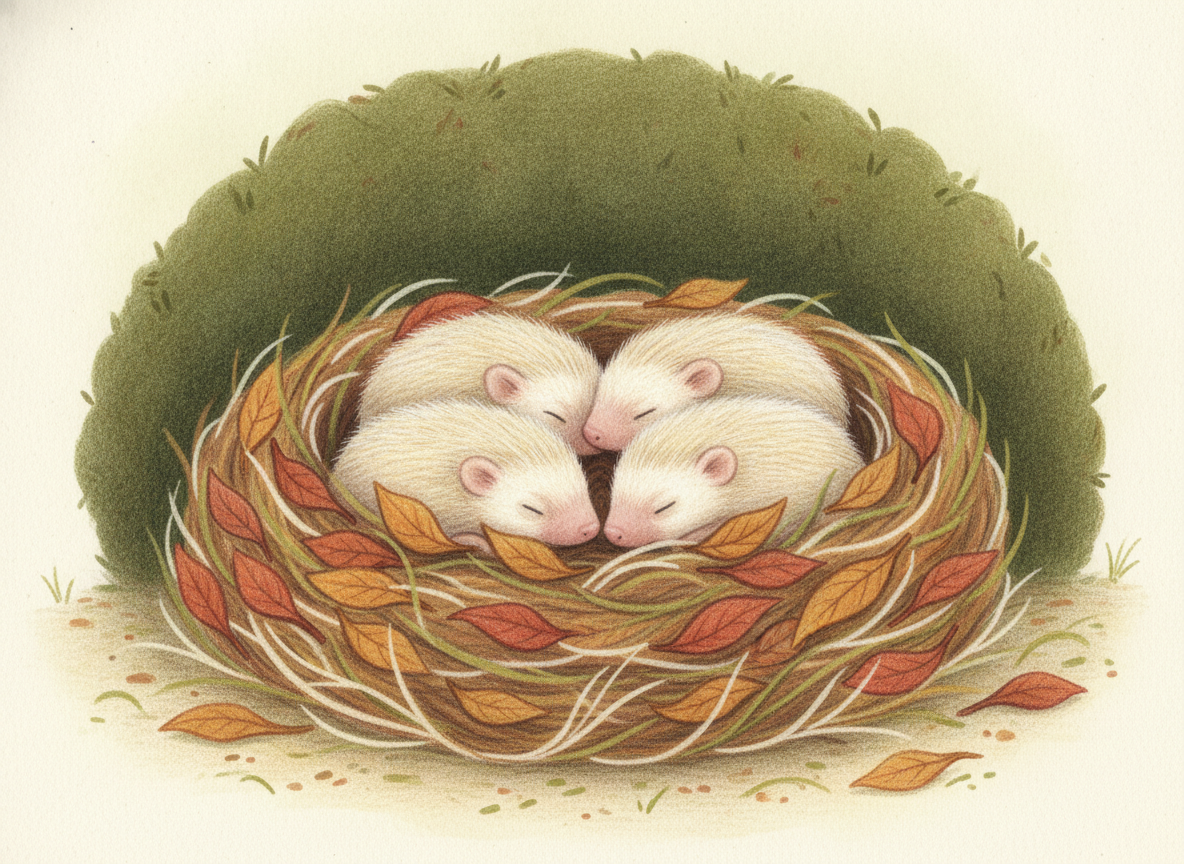 Four tiny hoglets curled up asleep together in a nest of dry leaves