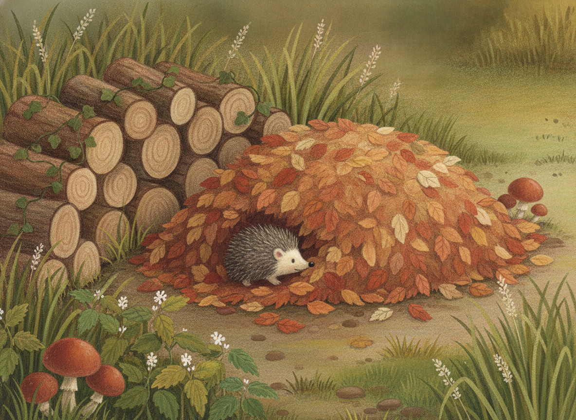 A wild corner of a garden with a log pile, fallen leaves and a hedgehog snuffling for beetles