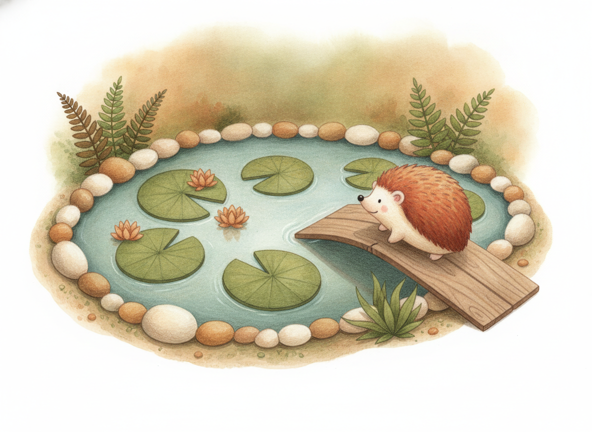 A garden pond with a wooden plank laid as a ramp so animals can climb out safely