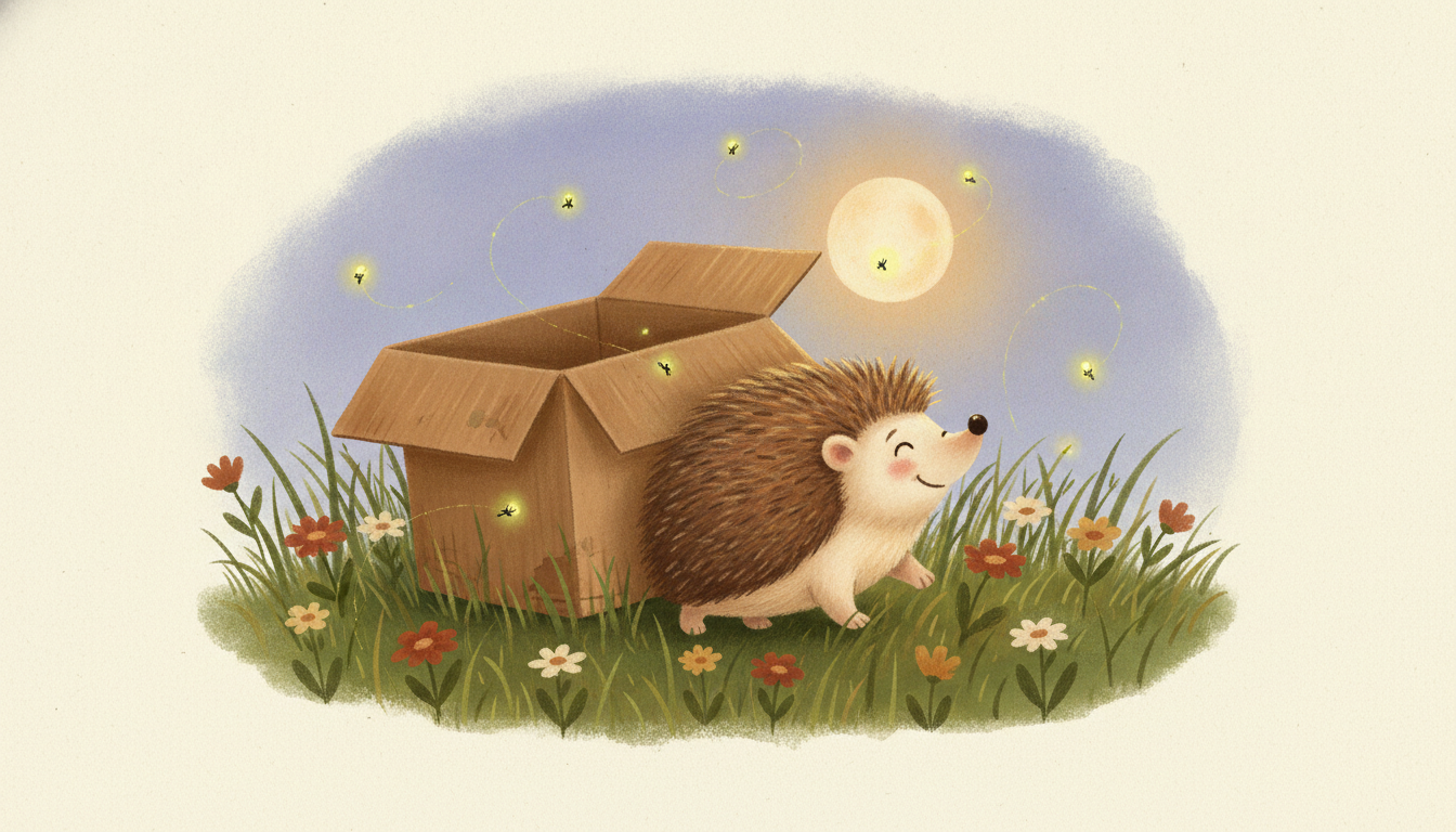 A healthy hedgehog walking out of an open box into long grass at dusk